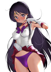 Rule 34 | 1girl, bishoujo senshi sailor moon, black hair, blush, breasts, choker, closed mouth, clothes lift, diadem, earrings, furuyama itaru, gloves, hino rei, jewelry, lifted by self, long hair, looking at viewer, medium breasts, panties, purple eyes, purple panties, pussy juice, red choker, red skirt, sailor mars, sailor senshi uniform, simple background, skirt, skirt lift, solo, star (symbol), star earrings, thighs, underwear, white background, white gloves