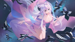 Rule 34 | 1girl, absurdres, animal ears, bare shoulders, barefoot, bird, breasts, chinese clothes, choker, cleavage, fang, flying, fox ears, galaxy, hair between eyes, highres, kirby d a, large breasts, long hair, long sleeves, looking at viewer, magpie, milky way, open mouth, original, soles, solo, star (sky), white hair, wide sleeves
