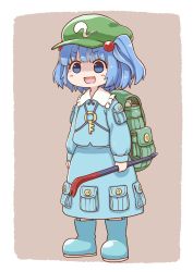Rule 34 | 1girl, :d, backpack, bag, blue dress, blue eyes, blue hair, blush stickers, boots, chibi, child, commentary request, crowbar, dress, empty eyes, full body, green hat, hat, holding, holding crowbar, kawashiro nitori, key, looking away, open mouth, poronegi, pouch, rubber boots, smile, solo, standing, touhou, twintails