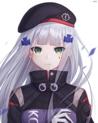 Rule 34 | 1girl, beret, cross, expressionless, facepaint, german flag, girls&#039; frontline, gloves, green eyes, hand up, hat, highres, hk416 (girls&#039; frontline), inosia, iron cross, jacket, long hair, looking at viewer, military jacket, silver hair, simple background, solo, teardrop, upper body, white background