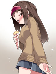 Rule 34 | 1girl, blush, breasts, brown eyes, brown hair, cardigan, commentary request, crepe, food, hairband, hammer (sunset beach), long hair, looking at viewer, medium breasts, original, skirt, solo