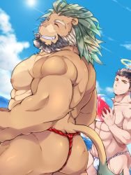 Rule 34 | 2boys, abs, alternate costume, animal ears, arsalan (tokyo houkago summoners), ass, ball, bara, bare pectorals, beard, black hair, blonde hair, blush, brown fur, bulge, couple, closed eyes, facial hair, fingernails, from behind, fundoshi, furry, furry male, furry with non-furry, green hair, halo, happy, highres, holding, holding ball, interspecies, japanese clothes, large pectorals, lion boy, lion ears, lion tail, looking at another, looking back, male focus, male underwear, medium hair, multicolored hair, multiple boys, muscular, outdoors, pectorals, red fundoshi, red male underwear, sharp fingernails, short hair, sky, smile, stubble, summer, sunlight, tail, thick thighs, thighs, tokyo houkago summoners, two-tone hair, underwear, wafu (youzora samo18), yellow eyes, zabaniyya (housamo)