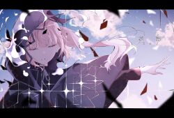 Rule 34 | 1girl, absurdres, black cloak, black jacket, blue sky, character name, cloak, closed eyes, cloud, cloudy sky, commentary request, dissolving clothes, facing viewer, floating hair, highres, hood, hood up, hooded cloak, jacket, kaf (kamitsubaki studio), kamitsubaki studio, kenran 000, letterboxed, long hair, long sleeves, outstretched arm, parted lips, pink hair, ponytail, sky, solo, sparkle, turtleneck, upper body, virtual youtuber, zipper pull tab
