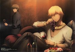 Rule 34 | 2boys, alcohol, blonde hair, bottle, bracelet, brown eyes, brown hair, casual, couch, cup, drinking glass, fate/zero, fate (series), food, fruit, gilgamesh (fate), grapes, jewelry, kotomine kirei, male focus, multiple boys, necklace, official alternate costume, official art, red eyes, scan, v-neck, wine, wine glass