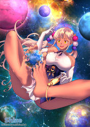 Rule 34 | 1girl, absurdres, anklet, barefoot, blonde hair, blue bow, blue leotard, blue nails, blush, bow, breasts, constellation, dark-skinned female, dark skin, elbow gloves, feet, foot focus, giant, giantess, gloves, gyaru, hair ornament, halterneck, highres, hololive, hololive english, jewelry, leotard, leotard under clothes, limiter (tsukumo sana), long hair, nail polish, planet, planet hair ornament, shizeart, skin tight, soles, space, star (sky), teeth, toenail polish, toenails, toes, tongue, tsukumo sana, tsukumo sana (1st costume), twintails, underbust, upper teeth only, virtual youtuber, white gloves, yellow eyes