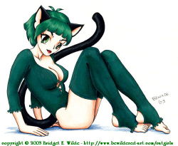Rule 34 | 00s, 1girl, 2003, animal ears, arm support, bewildered, breasts, cat ears, cat girl, cat tail, cleavage, collarbone, green eyes, green hair, green leotard, green thighhighs, leotard, looking at viewer, lowres, medium breasts, red lips, short hair, short sleeves, sitting, solo, tail, thighhighs, toeless legwear, traditional media, white background