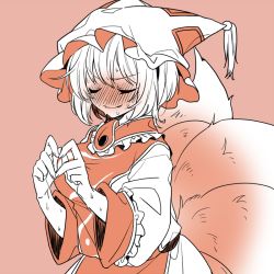 Rule 34 | 1girl, blush, embarrassed, closed eyes, fox tail, full-face blush, hat, heart, heart hands, kitsune, kyuubi, long sleeves, mob cap, multiple tails, short hair, solo, sweat, nervous sweating, tabard, tail, touhou, unkmochi, yakumo ran