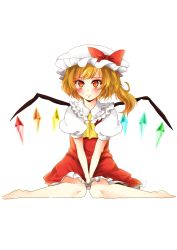 Rule 34 | 1girl, :t, ascot, bad id, bad pixiv id, between thighs, blonde hair, blush, crystal, dress, embarrassed, embodiment of scarlet devil, female focus, flandre scarlet, frills, full body, hat, hat ribbon, highres, himeno yuka, orange eyes, ribbon, side ponytail, simple background, sitting, solo, thighs, touhou, v arms, wariza, white background, wings