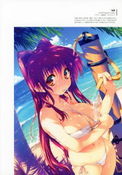 Rule 34 | 1girl, absurdres, amazuyu tatsuki, areola slip, beach, bikini, bikini pull, breasts, brown eyes, cleavage, clothes pull, collarbone, day, from side, hair between eyes, halterneck, highres, holding, holding hose, hose, long hair, looking at viewer, medium breasts, navel, outdoors, palm tree, parted lips, red hair, scan, side-tie bikini bottom, solo, swimsuit, to heart (series), to heart 2, tree, water, white bikini