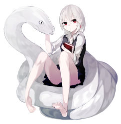 Rule 34 | 1girl, albino, animal, barefoot, black skirt, book, collared shirt, colored skin, commentary request, dress shirt, earrings, highres, holding, holding book, jewelry, looking at viewer, ogami ren, original, petting, school uniform, shirt, short hair, sitting on animal, skirt, sleeves rolled up, snake, sweater vest, vest, white hair, white skin