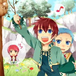 Rule 34 | 1girl, 2boys, aged down, arm hug, asbel lhant, bad id, bad pixiv id, bee, blue eyes, blue hair, brothers, brown eyes, brown hair, bug, cheria barnes, green shirt, hiding, hubert ozwell, insect, multiple boys, musical note, red hair, sen nai, shirt, siblings, tales of (series), tales of graces