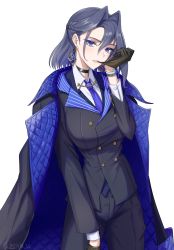 Rule 34 | 1girl, absurdres, adjusting clothes, adjusting gloves, black gloves, black pants, blue eyes, blue necktie, buttoned cuffs, buttons, choker, coat, coat on shoulders, earrings, formal, glove in mouth, gloves, highres, hololive, hololive english, jewelry, mouth hold, necktie, ouro kronii, pants, putting on gloves, simple background, solo, standing, suit, teeth, teeth hold, virtual youtuber, white background, zenya