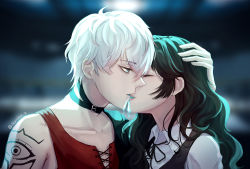 Rule 34 | androgynous, artist name, bad id, bad pixiv id, black hair, blue eyes, blurry, blurry background, commission, closed eyes, gender request, hand on another&#039;s head, kiss, long hair, looking at another, original, profile, soyubee, susanghan messenger, tattoo, twitter username, upper body, white hair