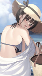 Rule 34 | 1girl, back, back focus, bikini, black bikini, black hair, blurry, blurry background, brown eyes, day, from behind, hat, looking at viewer, mottsun (i 40y), off shoulder, open mouth, original, outdoors, short hair, solo, swimsuit
