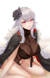 Rule 34 | 1girl, absurdres, artist name, azur lane, black flower, black jacket, black one-piece swimsuit, breasts, clothing cutout, coat, crossed bangs, flower, fur-trimmed coat, fur trim, graf zeppelin (azur lane), graf zeppelin (beachside urd) (azur lane), grey hair, hair flower, hair ornament, highres, ichikushi mojibake, jacket, jacket on shoulders, large breasts, long hair, looking at viewer, navel cutout, official alternate costume, one-piece swimsuit, purple eyes, see-through, see-through one-piece swimsuit, simple background, swimsuit, taut clothes, taut swimsuit, very long hair, white background