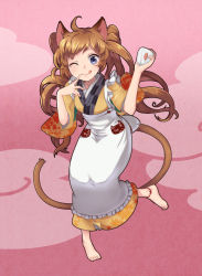 Rule 34 | 1girl, :p, animal ears, anklet, apron, ayakashi hyakkiyakou, barefoot, blue eyes, brown hair, cat ears, cat tail, eyelashes, food, gradient background, happy, japanese clothes, jewelry, kagosayu, kimono, long hair, looking at viewer, one eye closed, onigiri, original, rice, smile, solo, tail, tongue, tongue out, twintails, wink