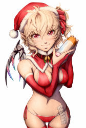Rule 34 | 1girl, bare shoulders, bell, bikini, blonde hair, bottle, breasts, bridal gauntlets, christmas, collar, commentary, condom, condom packet strip, condom wrapper, detached collar, flandre scarlet, hat, highres, hip focus, imizu (nitro unknown), lips, looking at viewer, lotion bottle, lowleg, lowleg bikini, lowleg panties, md5 mismatch, navel, neck bell, aged up, panties, pointy ears, red bikini, red eyes, red thighhighs, revision, santa hat, scrunchie, side-tie bikini bottom, side-tie panties, side ponytail, slit pupils, smile, solo, swimsuit, thighhighs, touhou, underwear, wings