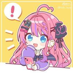 Rule 34 | !, 1girl, :d, ahoge, black bow, black bowtie, black ribbon, blue eyes, bow, bowtie, braid, breasts, cellphone, chain, chibi, chibi only, cleavage, commentary request, ear piercing, earrings, eyes visible through hair, gold chain, gold ring, gradient hair, gyaru, hair bow, hair ornament, hair ribbon, hairclip, hand up, highres, holding, holding phone, ichihara naga, jacket, jewelry, kuramochi meruto, kuramochi meruto (school uniform), long hair, long sleeves, looking at viewer, multicolored hair, multiple hair bows, multiple necklaces, necklace, nijisanji, off shoulder, open mouth, phone, piercing, pink bow, pink hair, plaid, plaid bow, plaid bowtie, purple hair, purple jacket, rene (kuramochi meruto), ribbon, ring, shirt, signature, single braid, smartphone, smile, solo, spoken exclamation mark, striped bow, striped bowtie, striped clothes, twitter username, very long hair, virtual youtuber, white shirt, wilted ahoge, x hair ornament, yellow background