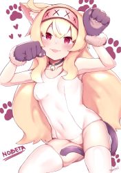 Rule 34 | 1girl, :p, absurdres, animal ears, animal hands, artist name, bell, between legs, black collar, blonde hair, blush, breasts, cat ears, cat tail, character name, collar, gloves, hairband, heart, highres, little witch nobeta, long hair, looking at viewer, neck bell, nobeta, one-piece swimsuit, paw gloves, paw pose, red eyes, school swimsuit, small breasts, solo, swimsuit, tail, tail between legs, teriibol, thighhighs, tongue, tongue out, very long hair, white hairband, white one-piece swimsuit, white thighhighs