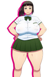 Rule 34 | 1girl, blush, breasts, brown hair, covered erect nipples, curvy, hands on own hips, highres, huge breasts, long hair, looking at viewer, oota azami, original, plump, ponytail, purple eyes, school uniform, simple background, skirt, smile, solo, standing, tetrodotoxin, thick thighs, thighs, white background, wide hips