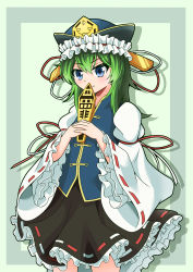 Rule 34 | 1girl, absurdres, black skirt, blue eyes, blue hat, blue vest, blush, closed mouth, commentary request, cowboy shot, flat chest, frilled hat, frilled skirt, frilled sleeves, frills, green hair, hair between eyes, hat, hat ribbon, hehejiu, highres, long hair, long sleeves, looking at viewer, red ribbon, ribbon, ribbon-trimmed skirt, ribbon trim, shiki eiki, shirt, skirt, sleeve ribbon, smile, solo, touhou, vest, white ribbon, white shirt, wide sleeves
