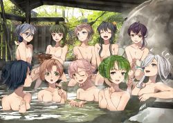 Rule 34 | 6+girls, absurdres, akigumo (kancolle), asashimo (kancolle), bath, bathing, black hair, blush, bow, breasts, brown eyes, brown hair, choko (cup), closed mouth, collarbone, commentary request, cup, day, green eyes, green hair, hair bow, hair ornament, hayashimo (kancolle), highres, kanmiya shinobu, kantai collection, kazagumo (kancolle), kiyoshimo (kancolle), looking at another, looking at viewer, makigumo (kancolle), medium breasts, mole, mole under eye, multiple girls, naganami (kancolle), nude, okinami (kancolle), one eye closed, onsen, open mouth, outdoors, partially submerged, pink hair, plant, purple hair, rock, short hair, sidelocks, silver hair, sitting, sky, smile, soaking feet, steam, takanami (kancolle), towel, tree, water, yuugumo (kancolle)