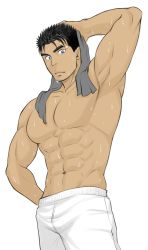 Rule 34 | 1boy, abs, armpits, bandages, bandaid, bandaid on face, bandaid on forehead, bara, biceps, black hair, blue eyes, looking at viewer, male focus, muscular, muscular male, original, pants, pectoral cleavage, pectorals, porkjinta, simple background, solo, spiked hair, thick eyebrows, towel, water, wet, white background