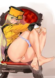 Rule 34 | 1girl, ashiomi masato, ass, barefoot, blonde hair, blue eyes, censored, chair, feet, fingerless gloves, fur hat, gloves, guilty gear, guilty gear xrd, hat, legs, legs up, millia rage, panties, panty pull, sitting, solo, thick thighs, thighs, toes, underwear, ushanka