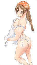 Rule 34 | 10s, 1girl, apron, artist request, ass, blush, braid, breasts, brown hair, cleavage, green eyes, housewife, ibarazaki meiko, katawa shoujo, looking back, mature female, mole, naked apron, simple background, solo, white background