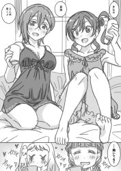 Rule 34 | 4girls, :3, :d, ^ ^, babydoll, barefoot, blunt bangs, blush, braid, breasts, cleavage, closed eyes, closed mouth, collarbone, commentary request, crossed bangs, cup, drooling, fanged bangs, flower, french braid, gradient hair, greyscale, hair between eyes, hair bun, hair flower, hair ornament, hair ribbon, hand rest, hand up, holding, holding cup, knees up, large breasts, looking at viewer, love live!, love live! superstar!!, low twintails, marugoshi teppei, medium hair, monochrome, multicolored hair, multiple girls, on bed, onitsuka natsumi, open mouth, ribbon, sakurakoji kinako, seiza, short hair, single side bun, sitting, smile, taking picture, translation request, twintails, wakana shiki, yen sign, yoneme mei