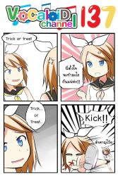 Rule 34 | 1boy, 1girl, 4koma, anger vein, ascot, blonde hair, blood, blue eyes, catstudioinc (punepuni), clenched hand, comic, commentary request, cosplay, hair ribbon, highres, in the face, kagamine len, kagamine rin, kagamine rin (cosplay), kicking, left-to-right manga, notepad, ribbon, sailor collar, school uniform, serafuku, spitting, spitting blood, thai text, translation request, trick or treat, vocaloid