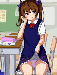 Rule 34 | 1girl, blush, brown hair, chair, checkered clothes, checkered skirt, clothes lift, collared shirt, contemporary, desk, door, drawstring bag, elbow rest, eraser, himekaidou hatate, himeshita johnny mafuyu, lifting own clothes, long hair, mid win h, notebook, panties, pantyshot, pencil case, polka dot, polka dot panties, presenting, purple eyes, shirt, sitting, skirt, skirt lift, smile, solo, sweater vest, touhou, twintails, underwear