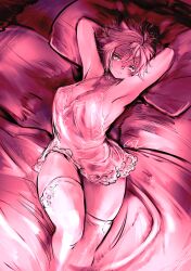 Rule 34 | 1girl, adventurer (ff11), animal ears, arms up, bare shoulders, blanket, breasts, cat ears, cat girl, cat tail, cleavage, closed mouth, doraeshi, final fantasy, final fantasy xi, head on pillow, highres, large breasts, lingerie, lying, mithra (ff11), on back, on bed, pillow, pink theme, short hair, solo, tail, thighhighs, thighs, underwear