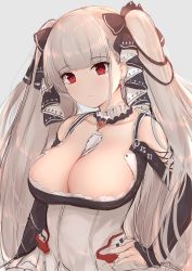 Rule 34 | 1girl, azur lane, bare shoulders, between breasts, black dress, blunt bangs, blush, breasts, cleavage, closed mouth, dress, formidable (azur lane), frilled dress, frills, grey hair, hair ribbon, hands on own hips, highres, john zhang, large breasts, long hair, looking at viewer, red eyes, ribbon, simple background, solo, thighs, two-tone dress, two-tone ribbon