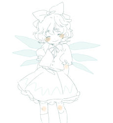 Rule 34 | 1girl, ^ ^, arms behind back, blush, body blush, bow, cirno, closed eyes, closed mouth, contrapposto, dot nose, eyebrows, closed eyes, facing viewer, feet out of frame, frilled sleeves, frills, hair bow, hair ornament, happy, head tilt, kneehighs, lineart, meeko, monochrome, neck ribbon, petticoat, puffy short sleeves, puffy sleeves, ribbon, short hair, short sleeves, simple background, skirt, skirt set, smile, socks, solo, spot color, touhou, undershirt, vest, wavy hair, white background, wings