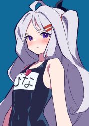 Rule 34 | 1girl, absurdres, ahoge, bare arms, blue archive, blue background, blush, closed mouth, commentary request, flat chest, glaring, grey hair, hair ornament, hairclip, highres, hina (blue archive), hina (swimsuit) (blue archive), long hair, looking at viewer, name tag, purple eyes, school swimsuit, simple background, solo, swimsuit, uhouhogorigori, upper body, whistle, whistle around neck