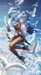 Rule 34 | 1girl, ahoge, bare shoulders, bird, black gloves, blue hair, bodystocking, breasts, closed eyes, commentary request, crossed bangs, detached sleeves, full body, ganyu (genshin impact), genshin impact, gloves, goat horns, highres, horns, large breasts, long hair, long sleeves, parted lips, silence girl, sky, smile, thighs, vision (genshin impact), white footwear, white sleeves