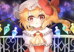 Rule 34 | 1girl, annoyed, ascot, bad id, bad pixiv id, blonde hair, blush, bow, crystal, fangs, flandre scarlet, frilled shirt, frilled shirt collar, frilled sleeves, frills, hat, hat ribbon, highres, medium hair, mob cap, one side up, puffy short sleeves, puffy sleeves, red bow, red eyes, red ribbon, red skirt, red vest, ribbon, shigure, shirt, short sleeves, side ponytail, skirt, touhou, upper body, vest, white shirt, wings, yellow ascot