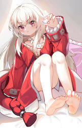 Rule 34 | 1girl, :t, angry, bare legs, barefoot, bed sheet, blush, chinese commentary, choker, clara (honkai: star rail), closed mouth, collarbone, full body, gem, hair between eyes, hand up, highres, holding, holding gem, honkai: star rail, honkai (series), indoors, jacket, long hair, looking at viewer, on bed, open clothes, open jacket, panties, panty peek, pillow, pink eyes, puffy sleeves, red jacket, ribbon choker, rope, shimenawa, sitting, sleeves past fingers, sleeves past wrists, solo, sparkle, underwear, white choker, white hair, white panties, wide sleeves, yesheeng de ling che zi