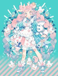 Rule 34 | 1girl, animal ears, bandage on face, bandages, bandaid, bandaid on knee, bandaid on leg, blue background, blush, cup, dress, flower, full body, looking at viewer, original, pink hair, roller skates, simple background, skates, solo, spoon, standing, striped clothes, striped dress, teacup, uekura eku