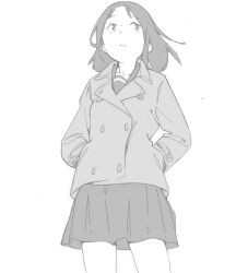 Rule 34 | 1girl, artist request, bad drawr id, bad id, buttons, character request, copyright request, cowboy shot, greyscale, hands in pockets, jacket, long sleeves, looking to the side, medium hair, monochrome, oekaki, parted lips, pleated skirt, shirt, simple background, skirt, solo, standing, white background