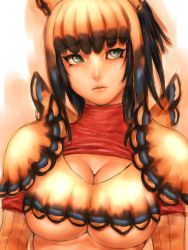 Rule 34 | 1girl, armor, black hair, breasts, butterfly wings, capcom, cleavage, cleavage cutout, clothing cutout, crop top, fumio (rsqkr), green eyes, helmet, insect wings, large breasts, lips, lipstick, makeup, monster hunter (series), no bra, rhopessa (armor), short hair, sketch, solo, turtleneck, underboob, upper body, winged helmet, wings