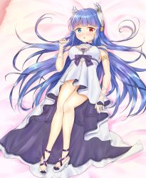 Rule 34 | 1girl, aomi one, armlet, azur lane, bare shoulders, bed sheet, blue eyes, blue hair, blush, breasts, choker, commentary request, dress, feather hair ornament, fingerless gloves, gloves, hair ornament, heterochromia, high heels, highres, horns, ibuki (azur lane), ibuki (snow on the wind) (azur lane), knees together feet apart, long hair, looking at viewer, lying, medium breasts, on back, open mouth, pumps, red eyes, solo, strapless, strapless dress, very long hair, white dress, white legwear
