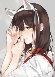 Rule 34 | 1girl, akagi (kancolle), animal ears, bell, blush, brown eyes, brown hair, cat ears, choker, closed mouth, commentary request, covering face, fake animal ears, hairband, hands on own face, hands up, japanese clothes, jingle bell, kantai collection, long hair, looking at viewer, neck bell, neko (ganecooo), simple background, solo, upper body