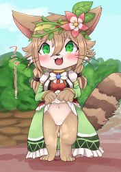 Rule 34 | 1girl, absurdres, animal ears, artemis (cat busters), blush, brown hair, cat, cat busters, clothes lift, dress, dress lift, flower, full body, furry, furry female, green eyes, hair flower, hair ornament, head wreath, highres, long hair, looking at viewer, nebura337, outdoors, peeing, pussy, smile, solo, standing, tail, tears, uncensored