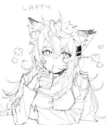 Rule 34 | 1girl, animal ears, arknights, blush, character name, greyscale, hair ornament, hairclip, highres, holding, juice box, lappland (arknights), long sleeves, looking to the side, messy hair, monochrome, sato (lappysuki), scar, scar across eye, simple background, sketch, solo, upper body, white background