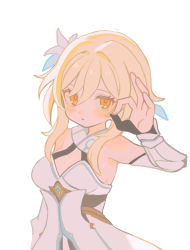 Rule 34 | 1girl, blonde hair, breasts, cleavage, detached sleeves, dress, flower, genshin impact, hair flower, hair ornament, highres, kokaki mumose, long hair, looking at viewer, lumine (genshin impact), medium breasts, parted lips, simple background, solo, upper body, white background, white dress, yellow eyes