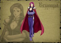 Rule 34 | 1girl, boots, breasts, brunnya (fire emblem), cape, circlet, cleavage, covered erect nipples, crossed arms, earrings, elbow gloves, female focus, fire emblem, fire emblem: the binding blade, full body, gloves, jewelry, lipstick, long hair, makeup, matching hair/eyes, nintendo, official art, red eyes, red hair, side slit, solo, thigh boots, thighhighs