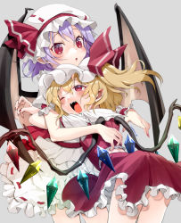 Rule 34 | 2girls, ;d, absurdres, ascot, blonde hair, blush, crystal, eudetenis, fangs, flandre scarlet, grey background, happy, hat, hat ribbon, highres, hug, hug from behind, looking at viewer, mob cap, multiple girls, nail polish, one eye closed, open mouth, petticoat, red eyes, red nails, red ribbon, red skirt, remilia scarlet, ribbon, shirt, short sleeves, siblings, simple background, sisters, skirt, skirt set, slit pupils, smile, touhou, vest, wings, wrist cuffs