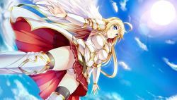 Rule 34 | 1girl, angel wings, antenna hair, armor, blonde hair, blue eyes, breasts, cleavage, cloud, dmm, eyebrows, feathers, happy, large breasts, legs, long hair, outdoors, outstretched arms, panties, pantyshot, red skirt, sephira (x-overd), shoulder pads, skirt, sky, smile, solo, standing, sun, thighhighs, thighs, underwear, wind, wings, x-overd, zettai ryouiki